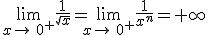 \lim_{x\to\,0^+}\frac{1}{\sqrt{x}}=\lim_{x\to\,0^+}\frac{1}{x^n}=+\infty